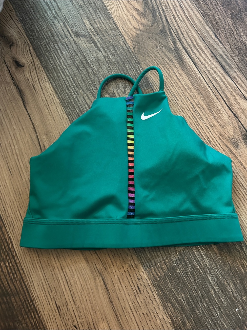 Nike Teal High-Neck Sports Bra with Rainbow Center Trim